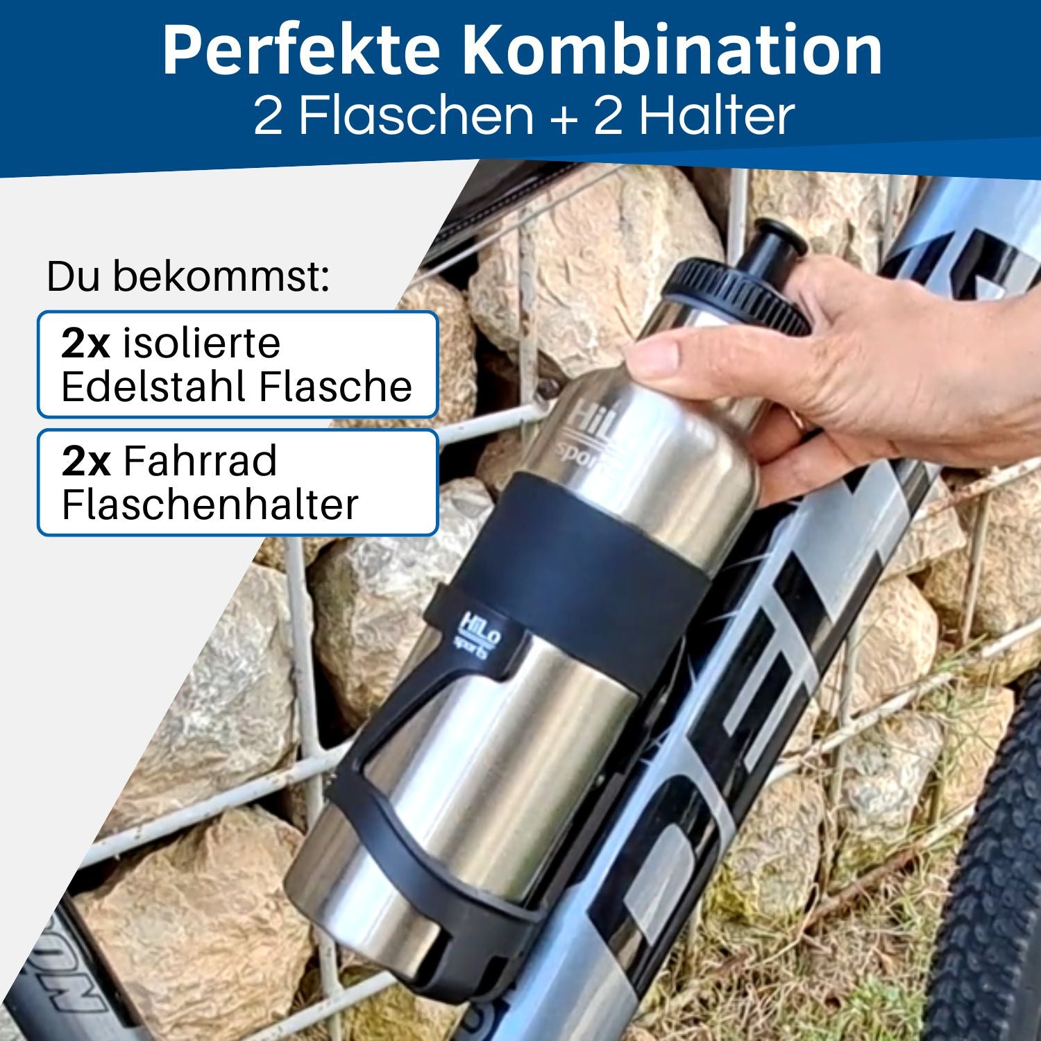 im Set sind 2x 600ml isolierte Fahrrad Trinkflasche Edelstahl und 2 Flaschenhalter enthalten