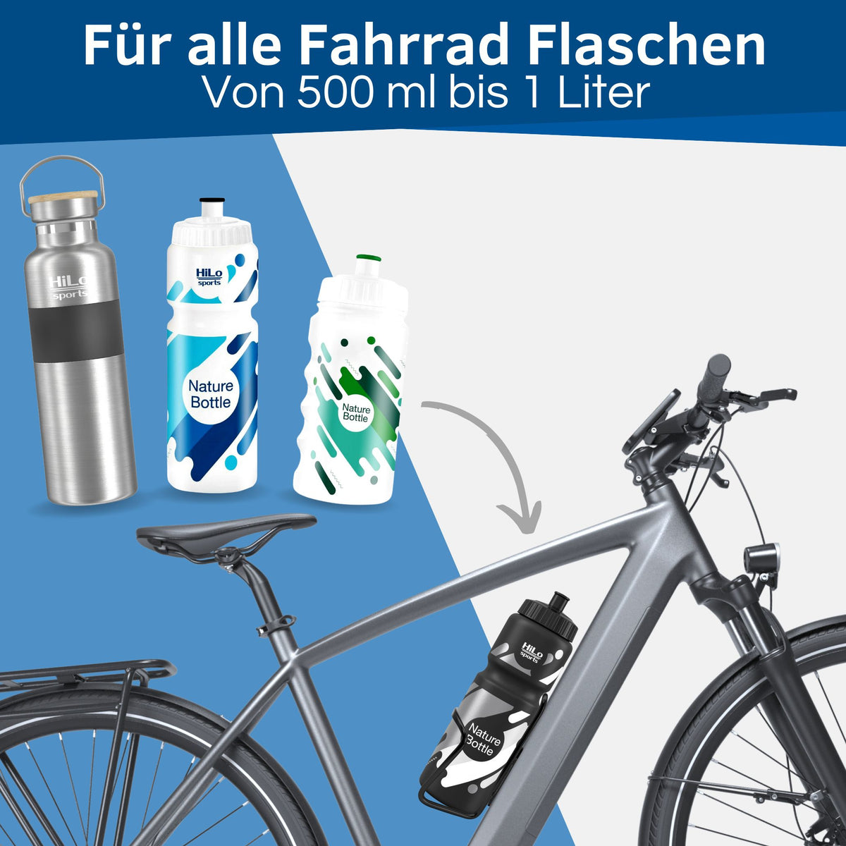 In die Rad Flaschenhalter passen alle standardisierten Fahrrad Trinkflaschen von 0,5 bis 1 Liter Volumen.