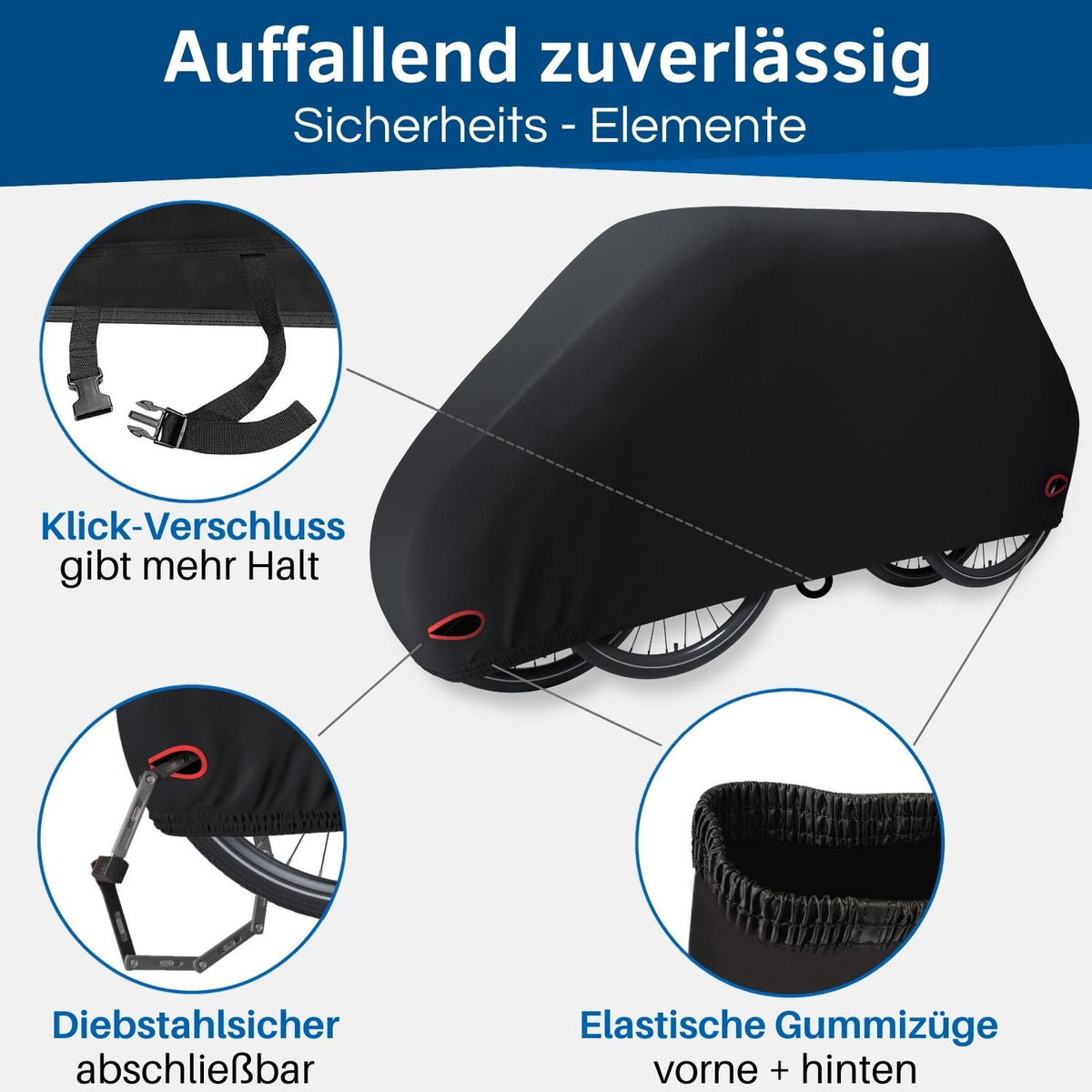 Die Fahrradhülle hat viele tolle Eigenschaften: Sie ist verschließbar, diebstahlsicher und hat elastische Gummizüge.