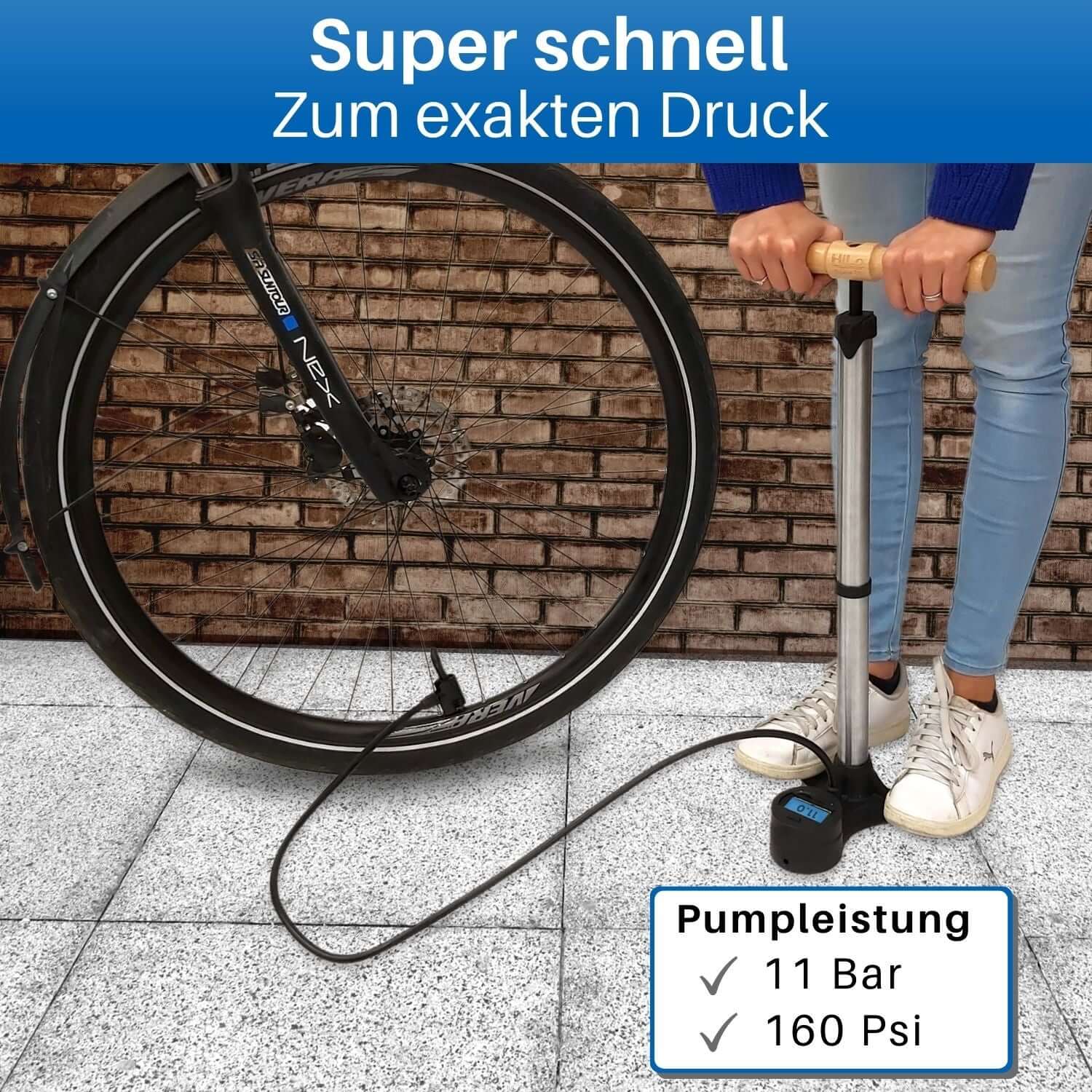 Die digital Pumpe pumpt bis 11 Bar.