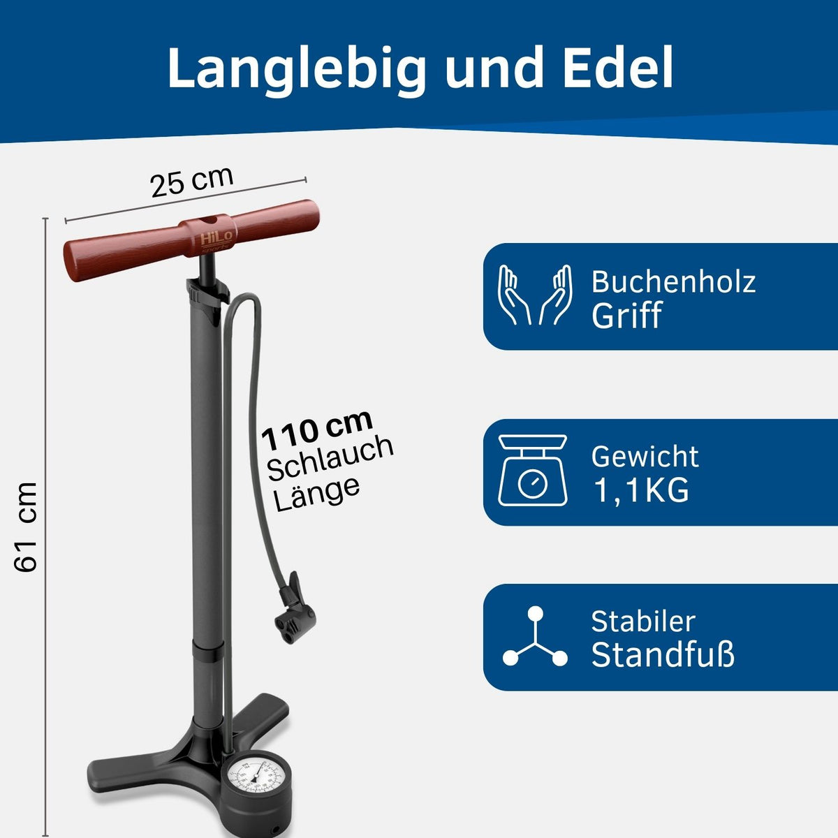 Die Standpumpe Fahrrad von HiLo sports besteht aus langlebigen, hochwertigen Materialien. Die Fahrradpumpe hat einen Griff aus Holz und einen Druckzylinder aus Stahl.