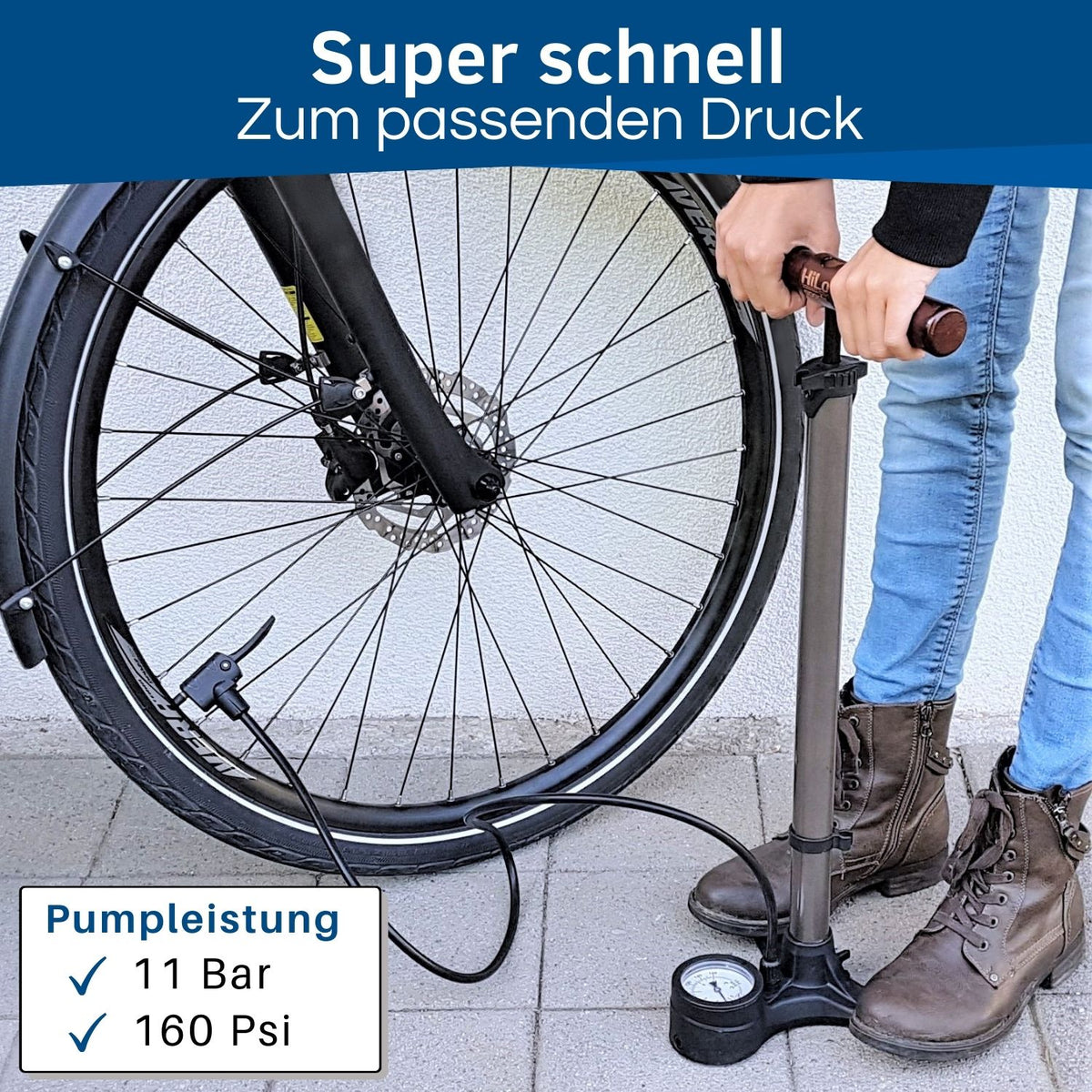HiLo sports Fahrrad Standpumpe mit einer Leistung von bis zu 11 Bar.