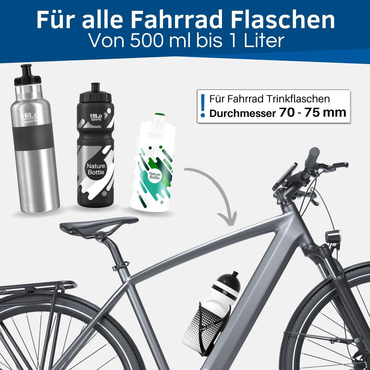 Jede Fahrrad Trinkflasche passt in den Fahrrad Flaschenhalter.