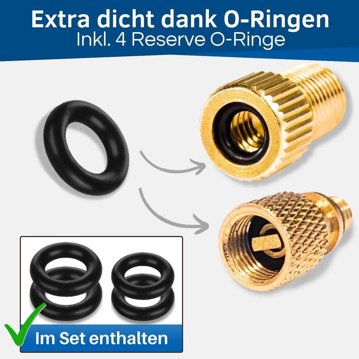 Die Fahrrad Ventiladapter halten dicht, durch O-Ringe.