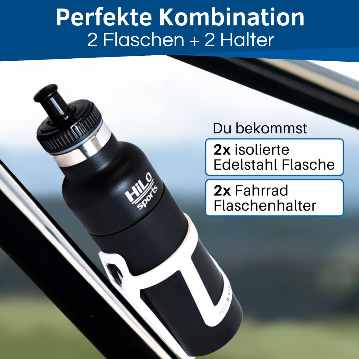 im Set sind 2x 600ml isolierte Fahrrad Trinkflasche Edelstahl und 2 Flaschenhalter enthalten