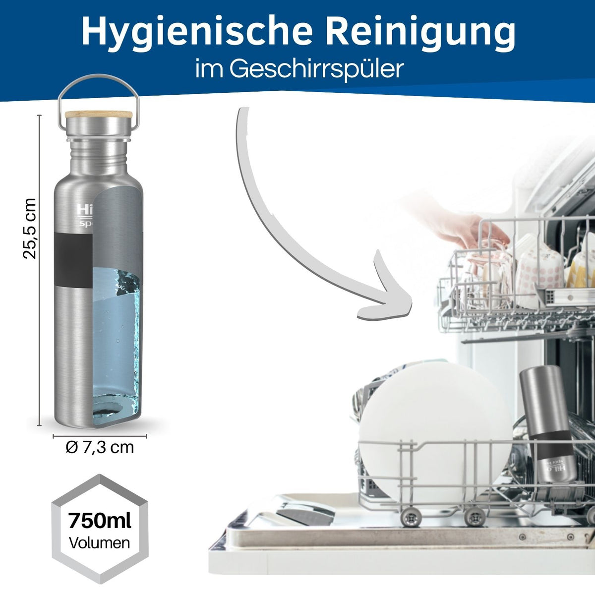 Die Edelstahl Fahrrad Flasche kann hygienisch im Geschirrspüler gereinigt werden.