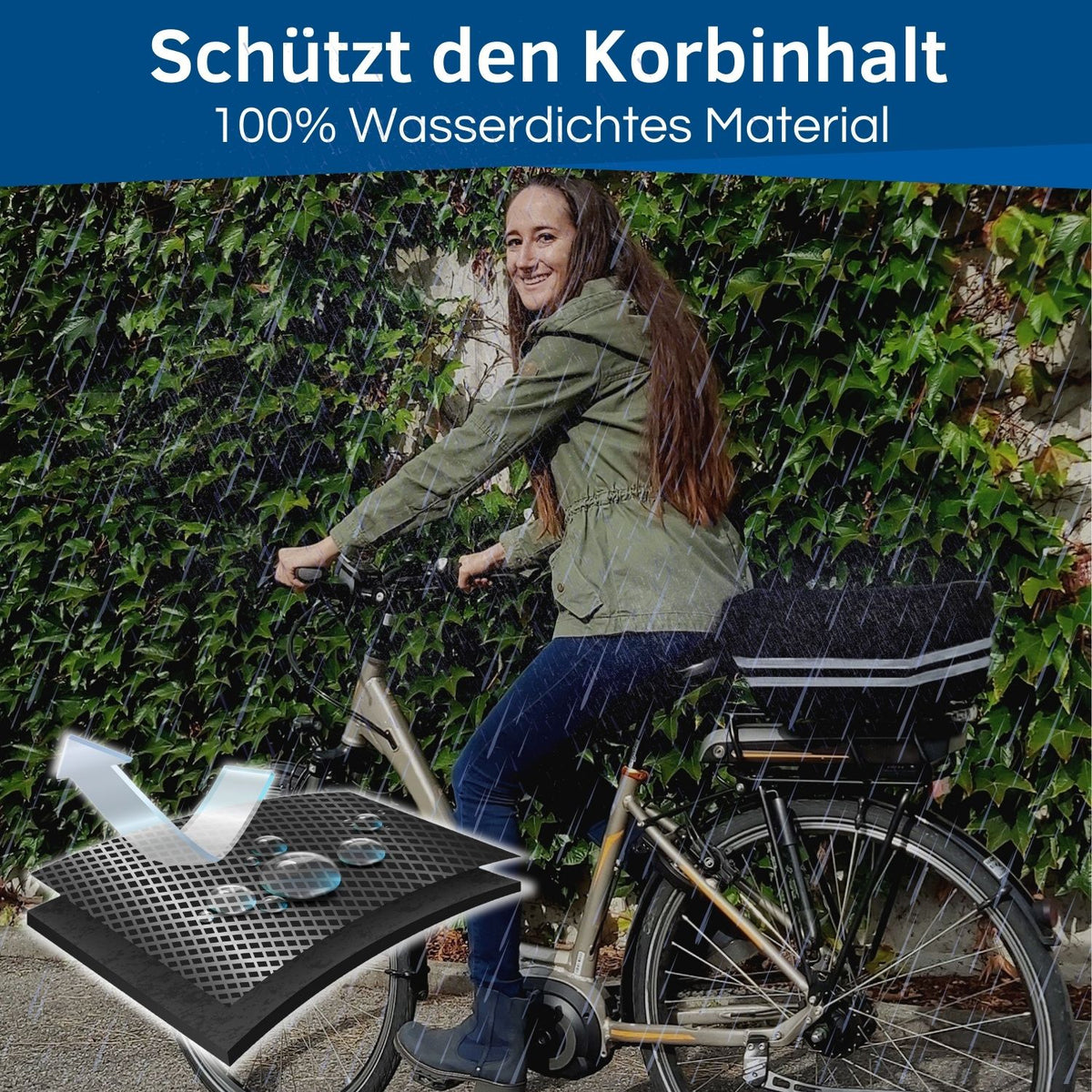 Der Fahrradkorb Regenschutz ist 100% wasserdicht durch beschichtetes Material, getapte und verschweißte Nähte.