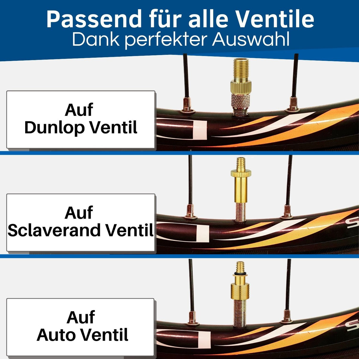 Die Ventil Adapter passen auf alle Fahrradventile.