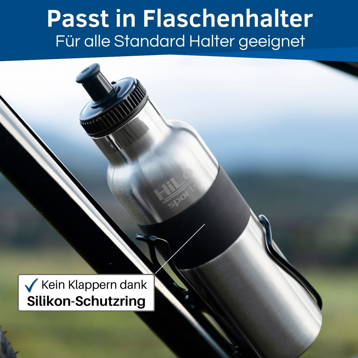 Edelstahl Flasche passt in alle Fahrrad Flaschenhalter.