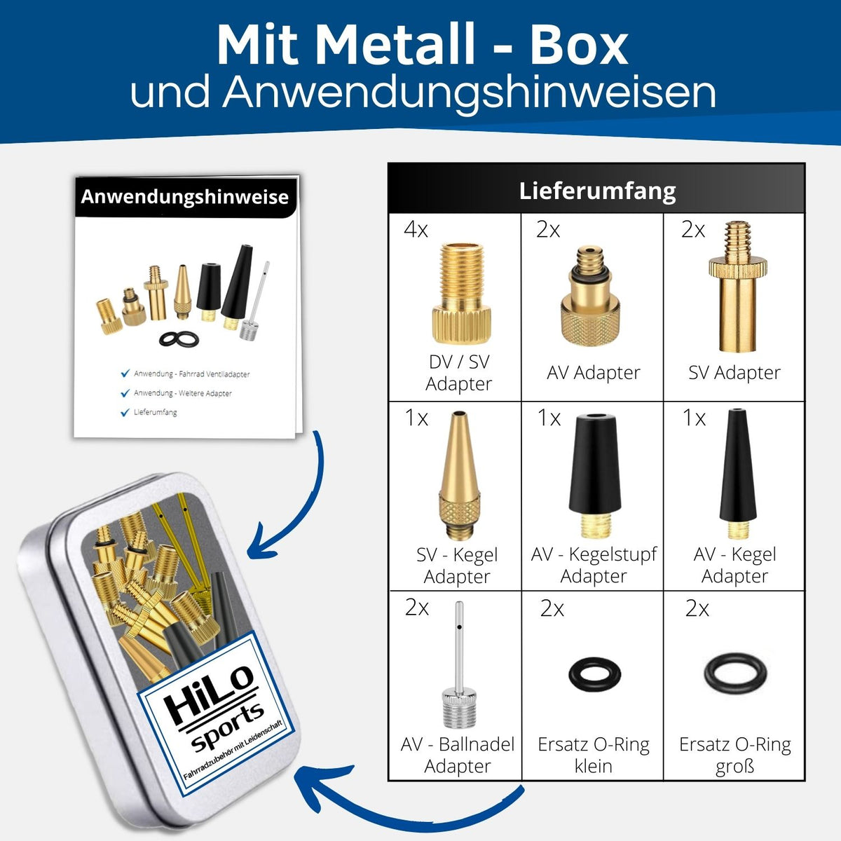Zusätzlich zu den Ventiladaptern erhältst du eine Anleitung und eine Metall Box.
